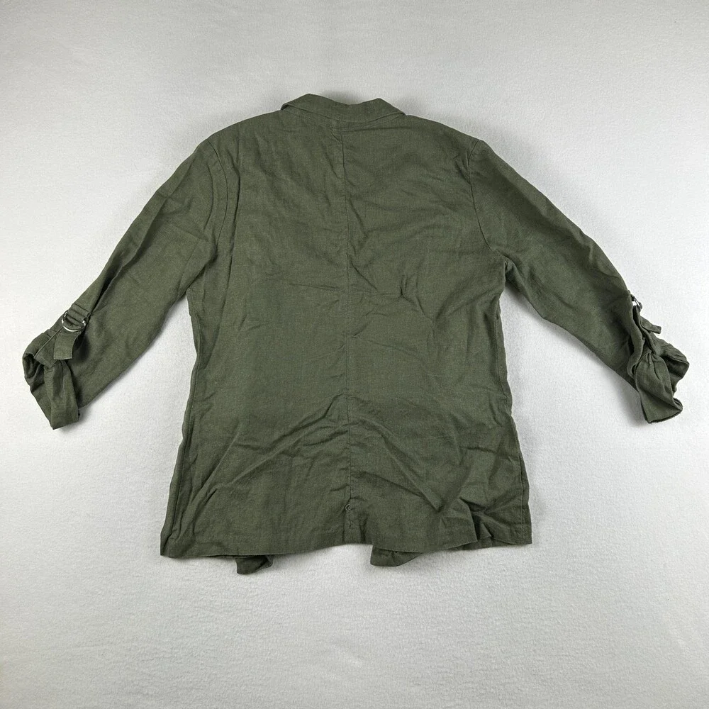 HAVE Jacket Womens Large Green Linen Blend Open Front Roll Tab Sleeves D Ring